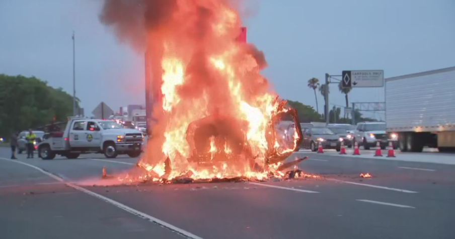 Semi-truck bursts into flames on eastbound 91 Freeway in Anaheim 