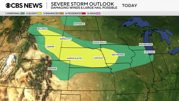 Map shows areas with storms in the forecast for Tuesday, July 29, 2025. 