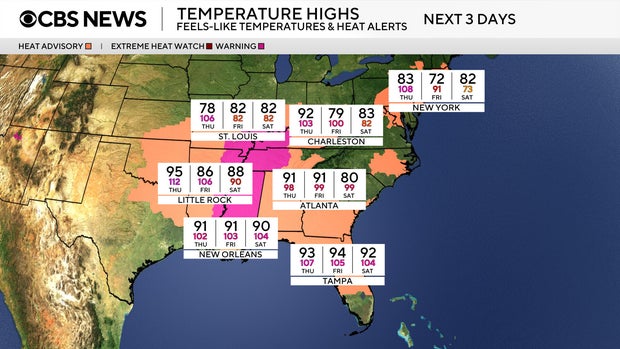 Map shows the 3-day high temperature outlook for July 30 through Aug. 1, 2025. 