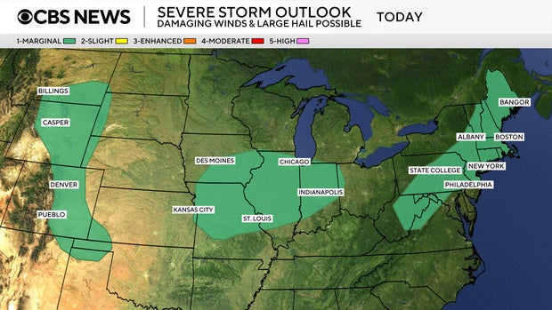 Map shows areas with a severe storm risk on Wednesday, July 30, 2025. 