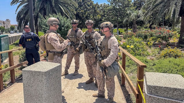 United States Marines deployed at the US federal building in Westwood, during a period of increased ICE raids in Los Angeles. 