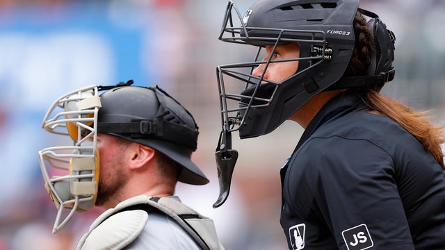 Umpire Jen Pawol makes a call during the game between the Miami Marlins and Atlanta Braves at Truist Park on August 10, 2025 in Atlanta, Georgia. 