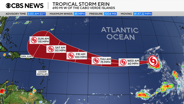 A map shows the projected path of Tropical Storm Erin as of 5 a.m. EDT on Aug. 12, 2025. 