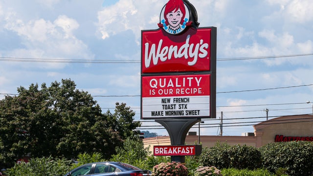 A sign advertising breakfast items seen at a Wendy's fast 