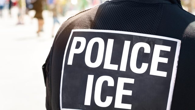 Ice Police Immigration and Customs Enforcement - Close-up of POLICE ICE marking on the back of a hi-visibility stab proof vest worn by a police officer at the scene of an incident. 