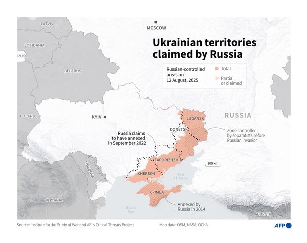Map of Ukraine showing territory claimed by Russia 