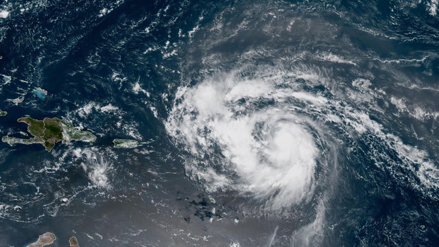 A satellite image shows Hurricane Erin at 11:10 a.m. EDT, Aug. 15, 2025. 