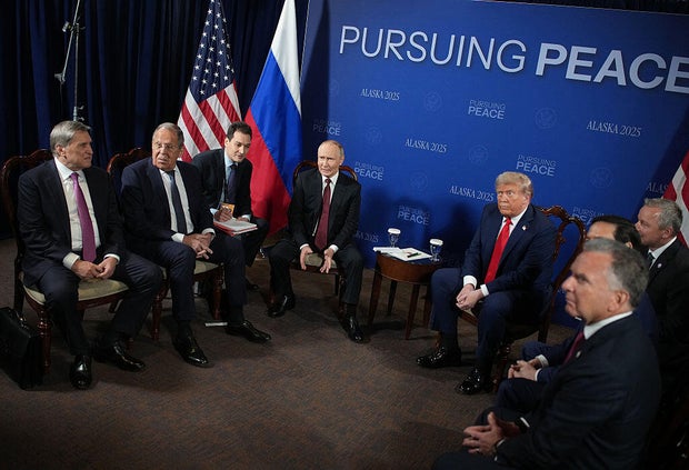 President Trump and Russian President Vladimir Putin hold a meeting at Joint Base Elmendorf-Richardson on Aug. 15, 2025, in Anchorage, Alaska. 