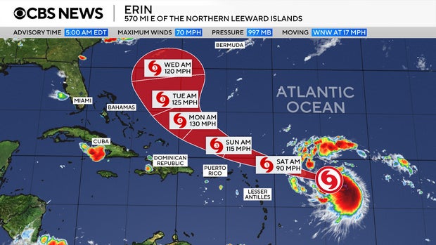 Hurricane Erin, 1st of Atlantic season, downgraded but could strengthen again. Maps show its path and forecast.