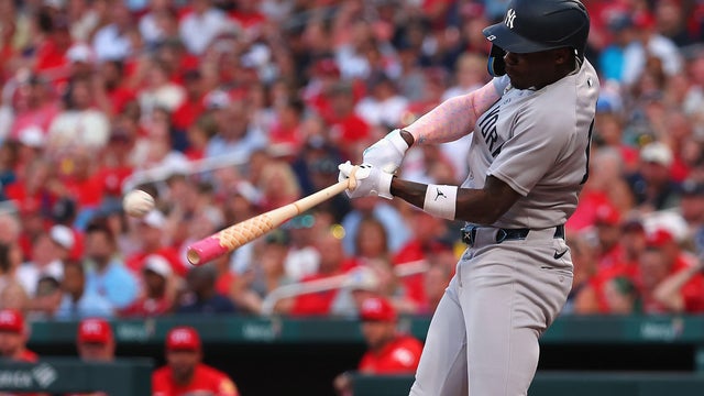 Jazz Chisholm Jr. #13 of the New York Yankees hits a two-run home run against the St. Louis Cardinals in the first inning at Busch Stadium on August 15, 2025 in St Louis, Missouri. 