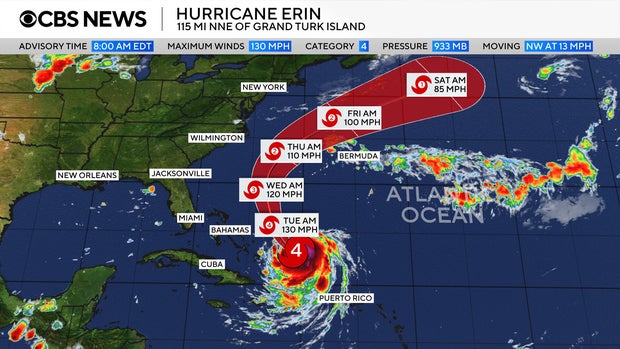Map shows the forecast path of Hurricane Erin 