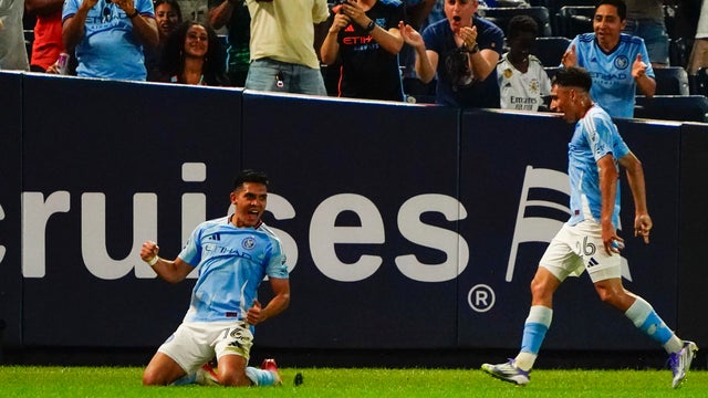 Alonso Martínez #16 of New York City FC celebrates scoring a goal with teammate Agustín Ojeda #26 of New York City FC against Nashville SC in the second half at Yankee Stadium on August 17, 2025 in New York City. 