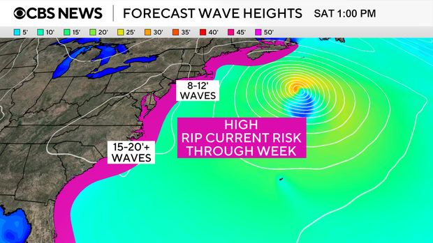 A map shows forecast wave heights along the U.S. East Coast from Hurricane Erin for Saturday, Aug. 23, 2025. 