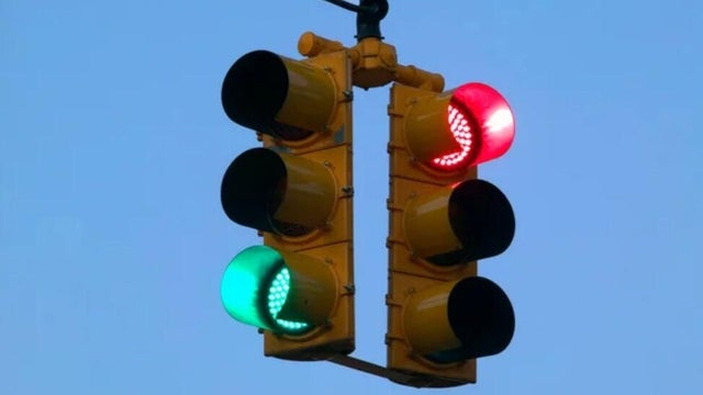 Traffic light showing red, low angle view 
