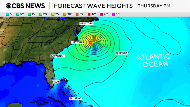 A map shows forecast wave heights along the U.S. East Coast from Hurricane Erin for Thursday, Aug. 21, 2025. 