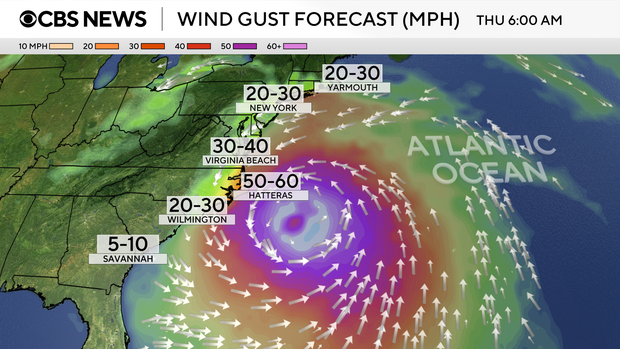 A map shows the wind gust forecast from Hurricane Erin for the East Coast for Thursday morning, Aug. 21, 2025. 