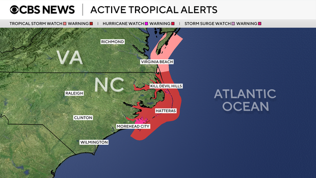 A representation shows tropical alerts connected the East Coast arsenic of aboriginal Wednesday morning, Aug. 20, 2025.