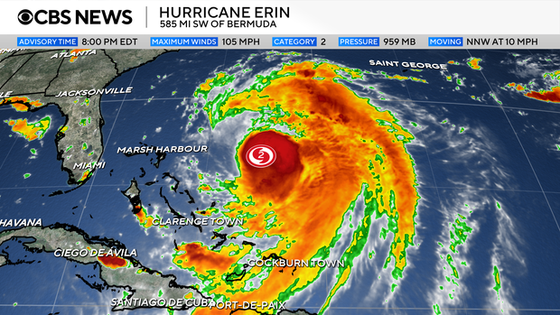 A weather map showing the swirl of Hurricane Erin in the Atlantic Ocean 