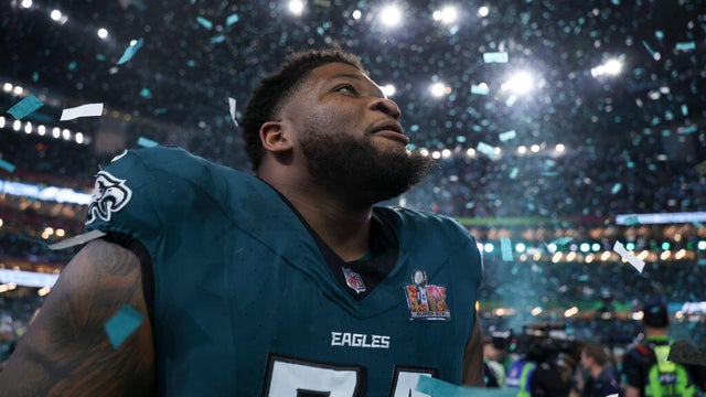 red Johnson #74 of the Philadelphia Eagles reacts after winning Super Bowl LIX against the Kansas City Chiefs at Caesars Superdome on February 9, 2025 