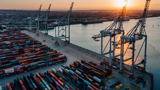 An aerial view of Southampton docks at sunrise 