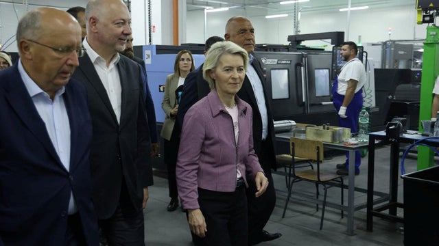 EU Commission President Ursula von der Leyen, Bulgarian PM Zhelyazkov, and Borissov, leader of GERB party, visit VMZ-Sopot 