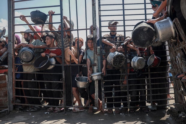 Palestinians form large crowd to receive food in Gaza