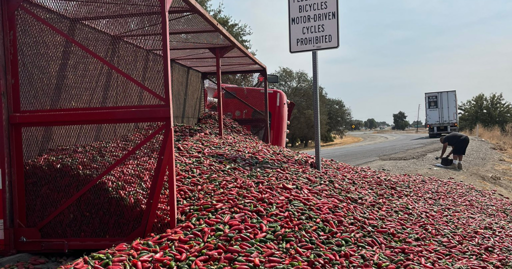 Yolo County freeway onramp blocked after truck overturns, spills chili peppers