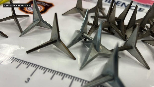 Spikes that were found on a wooded trail 