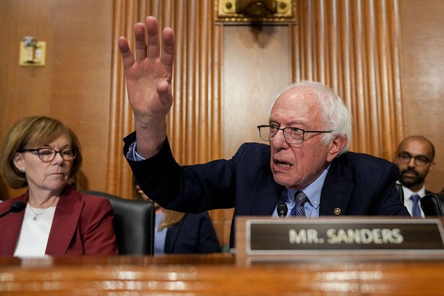 Sen. Bernie Sanders, an independent from Vermont, questions HHS Secretary Robert F. Kennedy Jr. during a hearing on Capitol Hill on Thursday, Sept. 4, 2025. 