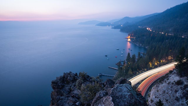 Highway along Lake Tahoe at Dusk, Cave Rock, Nevada, United States 