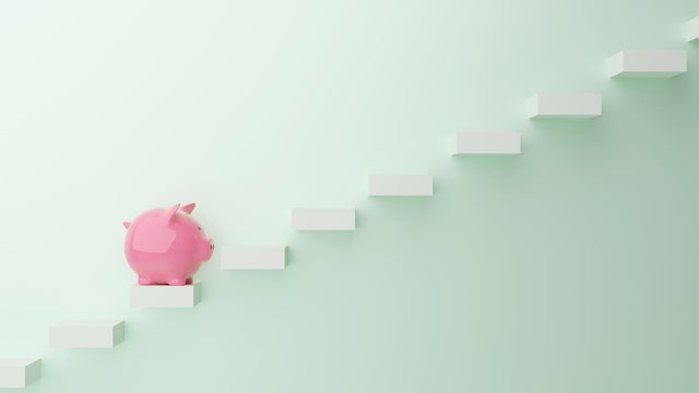 Financial Planning , Piggy bank and Steps 