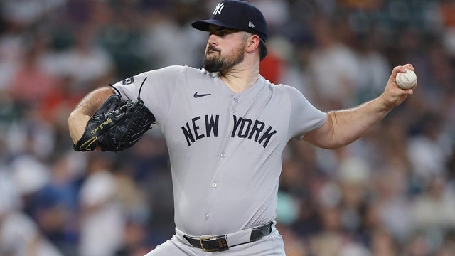 Carlos Rodón #55 of the New York Yankees pitches during the first inning against the Houston Astros at Daikin Park on September 04, 2025 in Houston, Texas. 