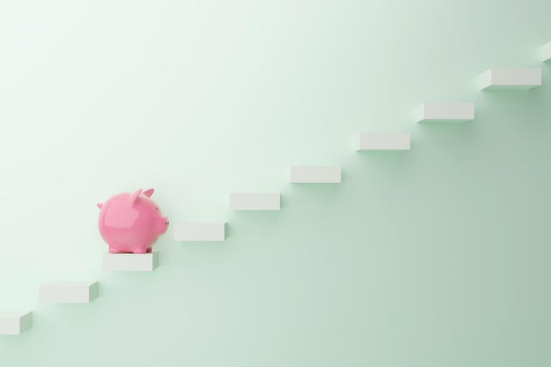 Financial Planning , Piggy bank and Steps 