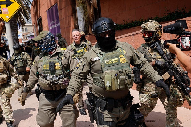 U.S. Border Patrol agents outside a press conference by Gov. Gavin Newsom on Thursday, Aug. 14, 2025, in Los Angeles. 