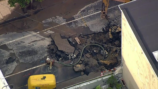 An aerial view of a water main break in Hoboken, New Jersey