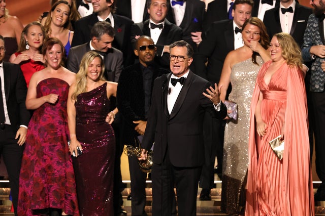 Stephen Colbert accepts the Emmy for Outstanding Talk Series 