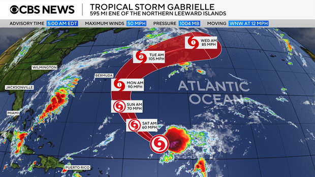 Maps show the forecast track of Hurricane Gabrielle, the 7th named storm of the 2025 Atlantic hurricane season