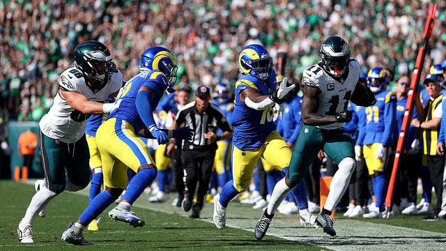 AJ Brown of the Philadelphia Eagles runs with the ball during the fourth quarter of a game against the Rams at Lincoln Financial Field 