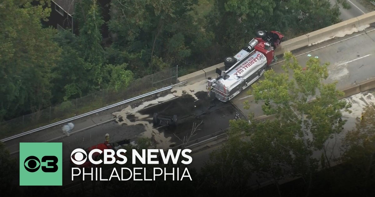 Overturned tanker truck spilling fuel onto Media Bypass in Upper ...