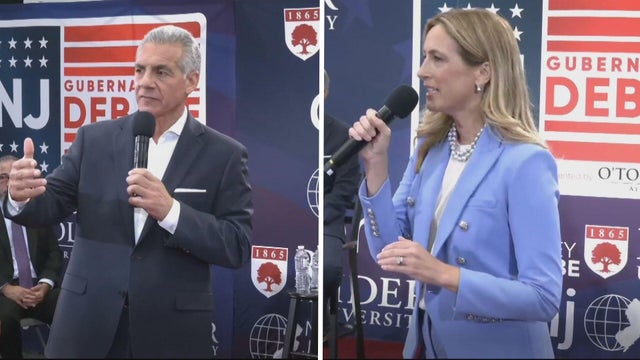 Side by side images of Jack Ciattarelli and Mikie Sherrill during the gubernatorial debate in New Jersey 