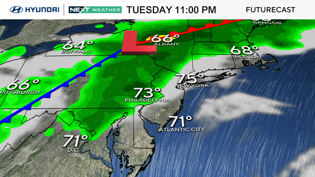 A weather map showing storms in the region overnight Tuesday into Wednesday 