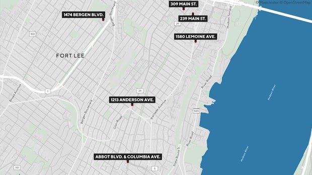 Map showing where mail was stolen from USPS mailboxes across Fort Lee, New JErsey 