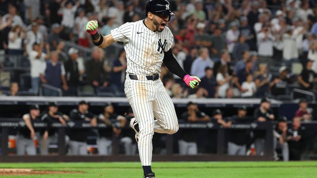 José Caballero #72 of the New York Yankees celebrates his walk off single in the ninth inning to win the game against the Chicago White Sox during their game at Yankee Stadium on September 23, 2025 in New York City. 