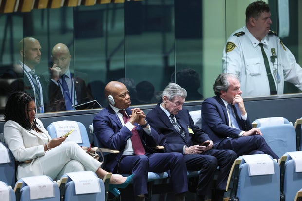 New York City Mayor Eric Adams (C) attends the United Nations General Assembly (UNGA) as he listens as Israeli Prime Minister Benjamin Netanyahu addresses world leaders at the United Nations headquarters on September 26, 2025 in New York City. 