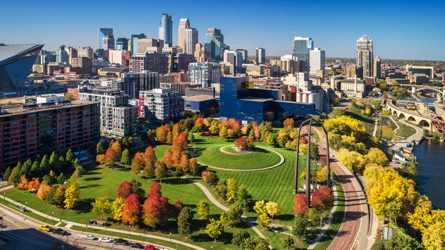 Minneapolis Downtown Skyline Aerial With Colorful Park During Autumn 