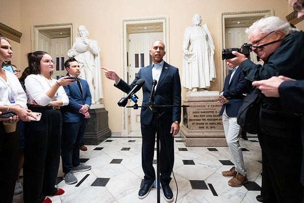 House Minority Leader Hakeem Jeffries of New York holds a news conference on the government funding deadline at the U.S. Capitol in Washington, D.C., on Sept. 29, 2025. 