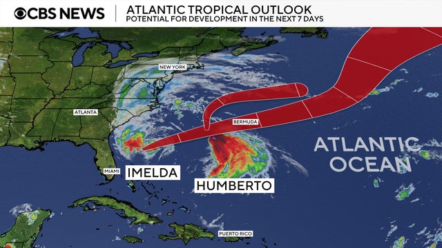 Map shows the forecast paths for Imelda and Humberto over the Atlantic 