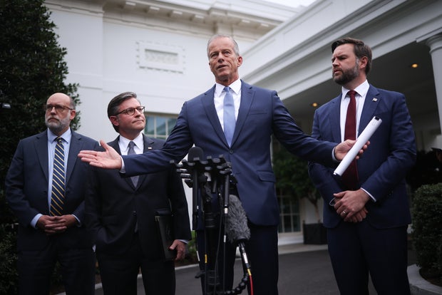 Senate Majority Leader John Thune delivers remarks following a meeting with Congressional Democrats and President Trump at the White House on Sept. 29, 2025 in Washington, D.C. 