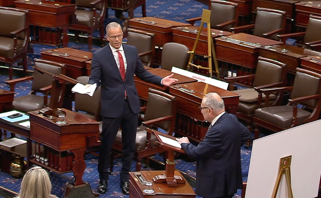 Senate Majority Leader John Thune and Minority Leader Chuck Schumer debate government funding on Senate floor on Tuesday, Sept. 30, 2025.
