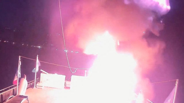 A screengrab from handout CCTV footage shows a fire that struck the Alma, a vessel of the Global Sumud Flotilla, in the waters off the coast of Tunisia, Sept. 9, 2025. 